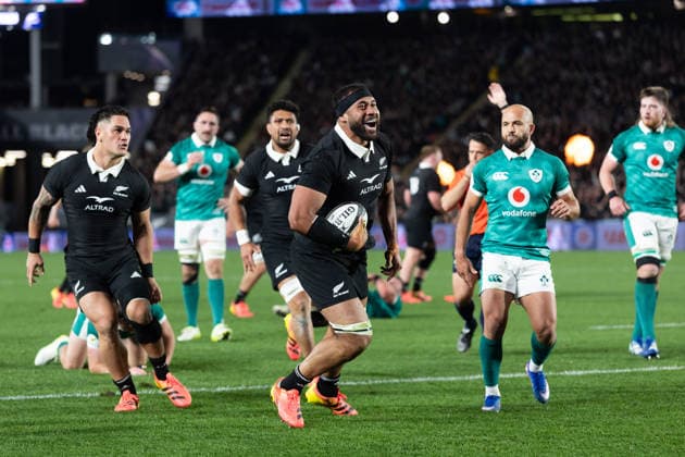 All Blacks lock Patrick Tuipulotu celebrates after he scores the opening try - Nations Championship - New Zealand All Blacks v Ireland at Eden Park, Auckland, New Zealand - on Saturday 18 July 2026. Photo credit: Brett Phibbs z Auckland New Zealand Copyright: xBrettxPhibbsx xx