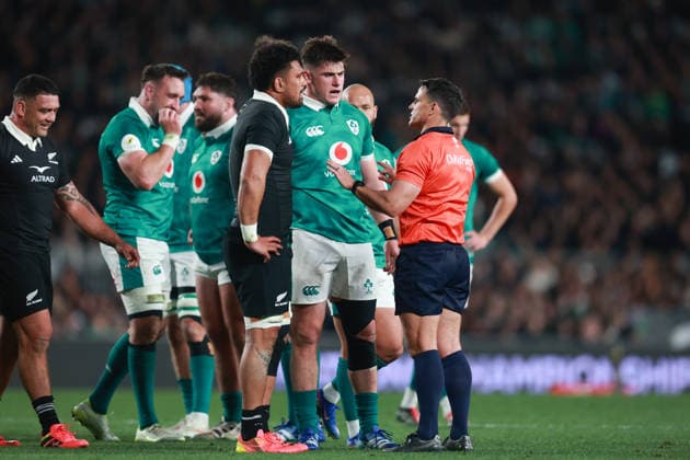 Ardie Savea of New Zealand and Dan Sheehan of Ireland with Referee Nic Berry during the Nations Championship match between the New Zealand All Blacks and Ireland, New Zealand All Blacks v Ireland, 2026 Nations Championship rugby union match at Eden Park Stadium, Auckland, New Zealand on Saturday 18 July 2026. Photo: Craig Butland Auckland New Zealand Copyright: xx