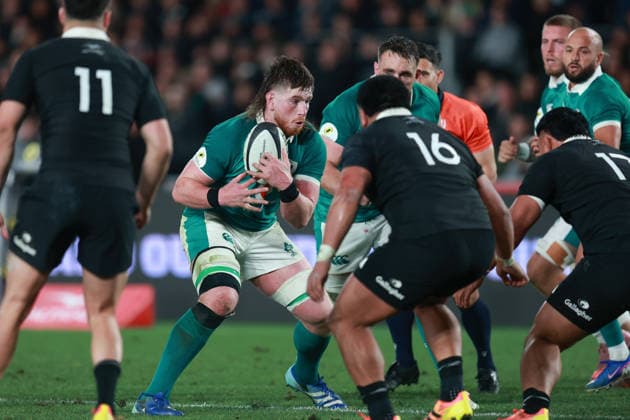 Joe McCarthy of Ireland during the Nations Championship match between the New Zealand All Blacks and Ireland, New Zealand All Blacks v Ireland, 2026 Nations Championship rugby union match at Eden Park Stadium, Auckland, New Zealand on Saturday 18 July 2026. Photo: Craig Butland Auckland New Zealand Copyright: xx