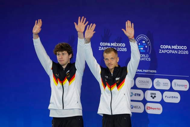 Mexico Diving Cup in Zapopan Tim Axer (L) and Tim Barthel of Germany pose on the podium during the medal ceremony for the synchronized 3-meter springboard event at the Mexico Diving Cup in Zapopan, Mexico, 18 July 2026. ZAPOPAN Mexico  Copyright: xFRANCISCOxGUASCOx