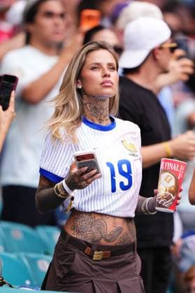 France v England - 2026 FIFA World Cup, WM, Weltmeisterschaft, Fussball - Bronze Final MIAMI GARDENS, FLORIDA - JULY 18: Zoe Cristofoli wife of Theo Hernandez of France looks on during the 2026 FIFA World Cup bronze-final match between France and England at Miami Stadium in Miami Gardens, Florida, United States, on July 18, 2026. Jose Hernandez Anadolu Florida United States. Editorial use only. Please get in touch for any other usage.  Copyright: x2026xAnadoluxJosexHernandezx