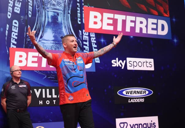 World Matchplay Darts 2026 Nathan Aspinall during the 2026 World Matchplay darts at Winter Gardens, Blackpool, UK on 18 July 2026. Blackpool Winter Gardens UK Editorial use only , Copyright: xChrisxSargeantx PSI-24525-0094