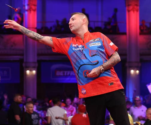 World Matchplay Darts 2026 Nathan Aspinall during the 2026 World Matchplay darts at Winter Gardens, Blackpool, UK on 18 July 2026. Blackpool Winter Gardens UK Editorial use only , Copyright: xChrisxSargeantx PSI-24525-0100