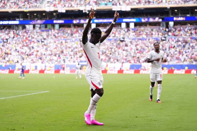 France v England - 2026 FIFA World Cup, WM, Weltmeisterschaft, Fussball - Bronze Final MIAMI GARDENS, FLORIDA - JULY 18: Bukayo Saka of England celebrates after scoring his team s fourth goal during the 2026 FIFA World Cup bronze-final match between France and England at Miami Stadium in Miami Gardens, Florida, United States, on July 18, 2026. Jose Hernandez Anadolu Florida United States. Editorial use only. Please get in touch for any other usage.  Copyright: x2026xAnadoluxJosexHernandezx