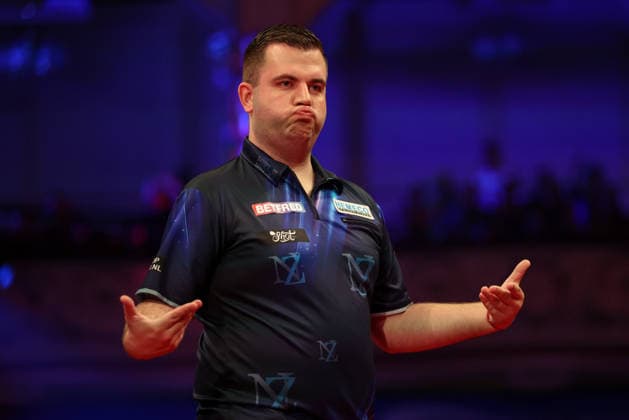 RECORD DATE NOT STATED 18th July 2026, Winter Gardens, Blackpool, Lancashire, England; 2026 Betfred World Matchplay Darts, Day One; Niels Zonneveld reacts during his game against Stephen Bunting AidanxHunter