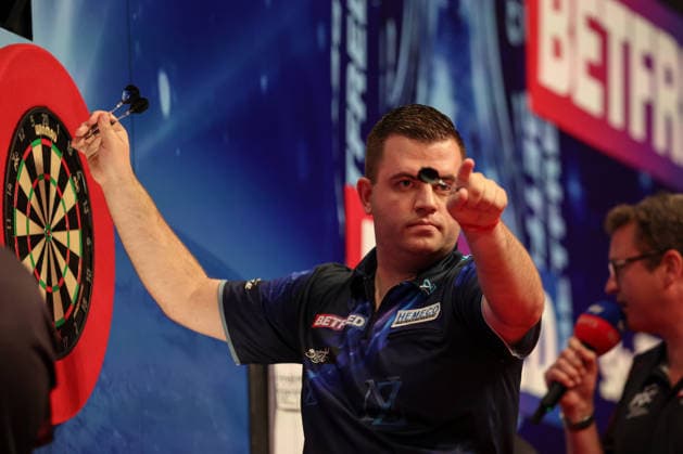 RECORD DATE NOT STATED 18th July 2026, Winter Gardens, Blackpool, Lancashire, England; 2026 Betfred World Matchplay Darts, Day One; Niels Zonneveld reacts during his game against Stephen Bunting AidanxHunter