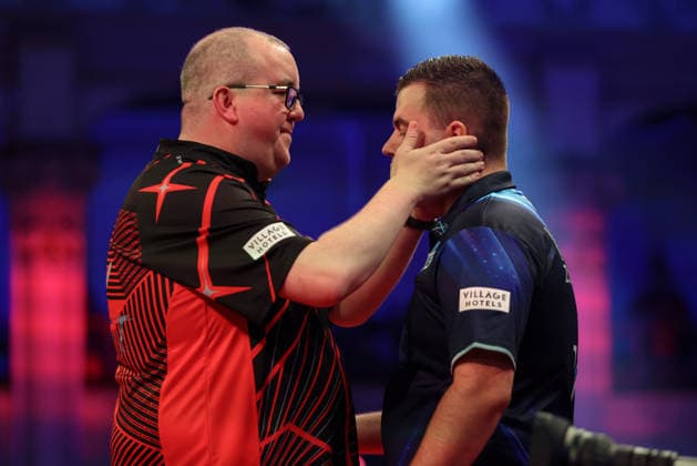 RECORD DATE NOT STATED 18th July 2026, Winter Gardens, Blackpool, Lancashire, England; 2026 Betfred World Matchplay Darts, Day One; Stephen Bunting consoles Niels Zonneveld following their game AidanxHunter