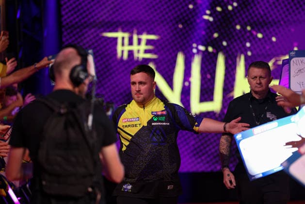 RECORD DATE NOT STATED 18th July 2026, Winter Gardens, Blackpool, Lancashire, England; 2026 Betfred World Matchplay Darts, Day One; Luke Littler during his walk on to the stage AidanxHunter