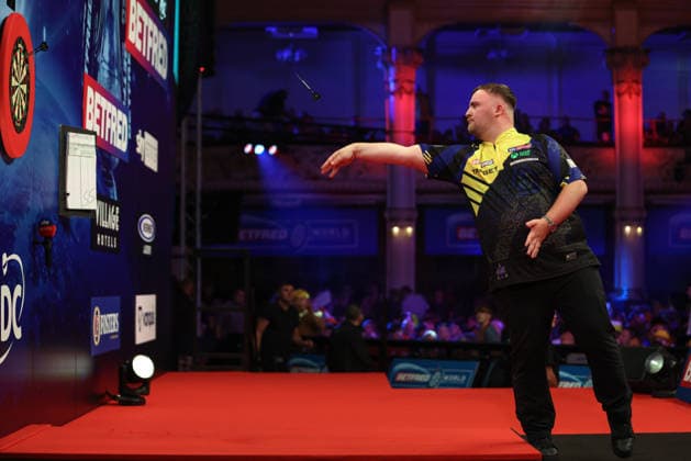 RECORD DATE NOT STATED 18th July 2026, Winter Gardens, Blackpool, Lancashire, England; 2026 Betfred World Matchplay Darts, Day One; Luke Littler practising at the oche during the break interval AidanxHunter