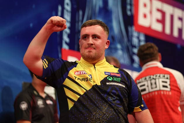 RECORD DATE NOT STATED 18th July 2026, Winter Gardens, Blackpool, Lancashire, England; 2026 Betfred World Matchplay Darts, Day One; Luke Littler celebrates after winning his game against Niko Springer AidanxHunter