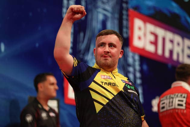 RECORD DATE NOT STATED 18th July 2026, Winter Gardens, Blackpool, Lancashire, England; 2026 Betfred World Matchplay Darts, Day One; Luke Littler celebrates after winning his game against Niko Springer AidanxHunter