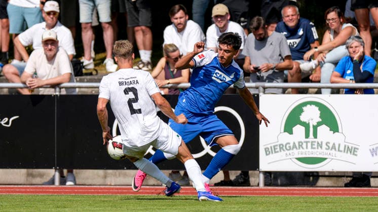 v.li.: Tino Bradara (SGV, 2), Deniz Zeitler (Hoffenheim, 38), Zweikampf, Spielszene, Duell, duel, tackle, tackling, Dynamik, Action, Aktion, 18.07.2026, Bad Friedrichshall (Deutschland), Fussball, Testspiel, TSG 1899 Hoffenheim - SGV Heilbronn-Freiberg, DFB DFL REGULATIONS PROHIBIT ANY USE OF PHOTOGRAPHS AS IMAGE SEQUENCES AND OR QUASI-VIDEO. *** From left: Tino Bradara (SGV), 2; Deniz Zeitler (Hoffenheim), 38; tackle, game scene, duel, tackle, tackling, dynamic, action, July 18, 2026, Bad Friedrichshall, Germany, soccer, friendly match, TSG 1899 Hoffenheim vs. SGV Heilbronn Freiberg, DFB and DFL regulations prohibit any use of photographs as image sequences and or quasi-video xozx