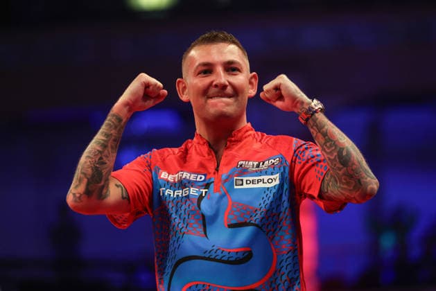 RECORD DATE NOT STATED 18th July 2026, Winter Gardens, Blackpool, Lancashire, England; 2026 Betfred World Matchplay Darts, Day One; Nathan Aspinall celebrates after winning his game against Joe Cullen AidanxHunter
