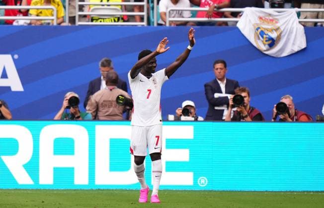 France v England - 2026 FIFA World Cup, WM, Weltmeisterschaft, Fussball - Bronze Final MIAMI GARDENS, FLORIDA - JULY 18: Bukayo Saka of England celebrates after scoring his team s fifth goal during the 2026 FIFA World Cup bronze-final match between France and England at Miami Stadium in Miami Gardens, Florida, United States, on July 18, 2026. Jose Hernandez Anadolu Florida United States. Editorial use only. Please get in touch for any other usage.  Copyright: x2026xAnadoluxJosexHernandezx