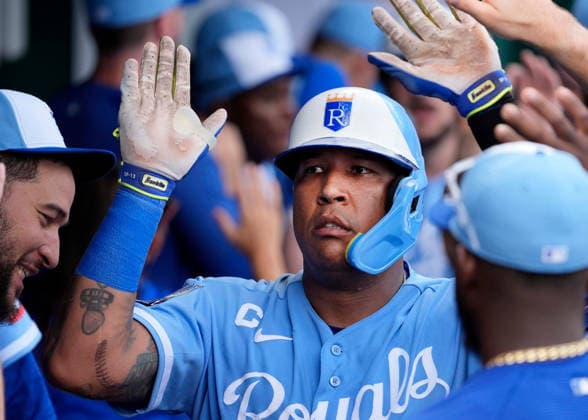 July 18, 2026: Kansas City Royals catcher Salvador Perez (13) is congratulated after his 2 run home run in the 6th inning at Kauffman Stadium Kansas City, Missouri. CSM. Kansas City United States - ZUMAc04_ 20260718_zma_c04_014 Copyright: xJonxRobichaudx