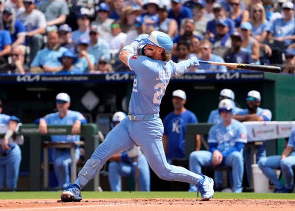 July 18, 2026: Kansas City Royals catcher Carter Jensen (22) delivers a single in the 1st inning against the Padres at Kauffman Stadium Kansas City, Missouri. CSM. Kansas City United States - ZUMAc04_ 20260718_zma_c04_015 Copyright: xJonxRobichaudx