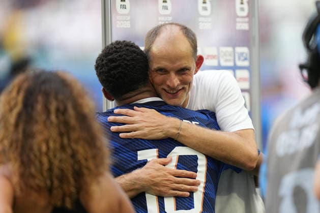 MIAMI GARDENS, FL - JULY 18: England manager Thomas Tuchel gives a hug to France forward Kylian MbappÃ (10) following the FIFA World Cup, WM, Weltmeisterschaft, Fussball 26 Bronze Final between France and England on Saturday, July 18, 2206 at Miami Stadium in Miami Gardens, FL (Photo by Peter Joneleit Icon Sportswire) SOCCER: JUL 18 FIFA World Cup 26 Bronze Final - France v England EDITORIAL USE ONLY Icon260718045