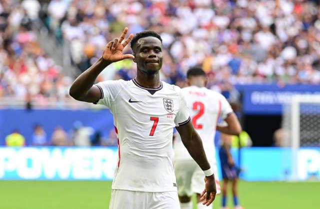 (260719) -- MIAMI, July 19, 2026 -- Bukayo Saka of England celebrates scoring his third goal during the bronze final match between France and England at the 2026 FIFA World Cup, WM, Weltmeisterschaft, Fussball in Miami, the United States, July 18, 2026. ) (SP)U.S.-MIAMI-FOOTBALL-FIFA WORLD CUP-BRONZE FINAL-FRA VS ENG ChenxYichen 