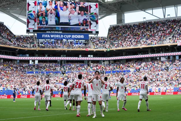 (260719) -- MIAMI, July 19, 2026 -- Declan Rice (C) of England celebrates scoring during the bronze final match between France and England at the 2026 FIFA World Cup, WM, Weltmeisterschaft, Fussball in Miami, the United States, July 18, 2026. ) (SP)U.S.-MIAMI-FOOTBALL-FIFA WORLD CUP-BRONZE FINAL-FRA VS ENG HuxXingyu 