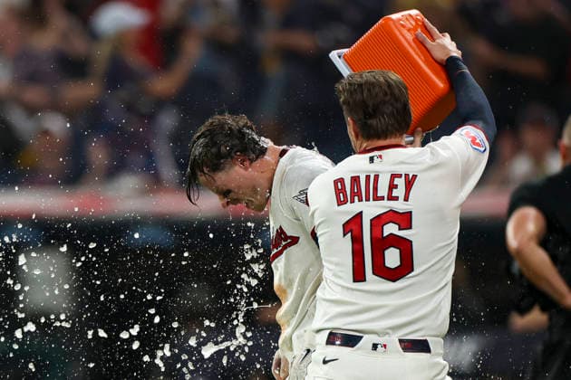 MLB, Baseball Herren, USA 2026: Pirates Vs Guardians JUL 18 July 18, 2026: Cleveland Guardians second baseman Travis Bazzana (37) has a cooler dumped on him by catcher Patrick Bailey (16) after hitting a game-winning home run during the ninth inning of the second game of a Major League Baseball double header between the Pittsburgh Pirates and Cleveland Guardians at Progressive Field in Cleveland, Ohio. Brian Fisher CSM (Credit Image: Â Brian Fisher Cal Media) Cleveland Ohio United States of America EDITORIAL USE ONLY Copyright: xx ZUMA-20260718_zma_c04_137.jpg BrianxFisherx csmphotothree504864