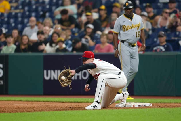 July 18, 2026: Cleveland Guardians first baseman Kyle Manzardo (9) catches a throw to first base for an out during the ninth inning of the second game of a Major League Baseball double header between the Pittsburgh Pirates and Cleveland Guardians at Progressive Field in Cleveland, Ohio. CSM Cleveland United States of America - ZUMAc04_ 20260718_zma_c04_124 Copyright: xBrianxFisherx