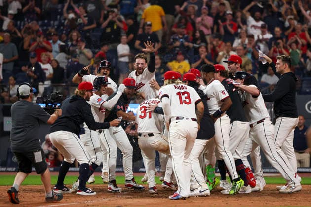 July 18, 2026: Cleveland Guardians celebrate as second baseman Travis Bazzana (37) touches home plate after hitting a game-winning home run in the ninth inning of the second game of a Major League Baseball double header between the Pittsburgh Pirates and Cleveland Guardians at Progressive Field in Cleveland, Ohio. CSM Cleveland United States of America - ZUMAc04_ 20260718_zma_c04_138 Copyright: xBrianxFisherx