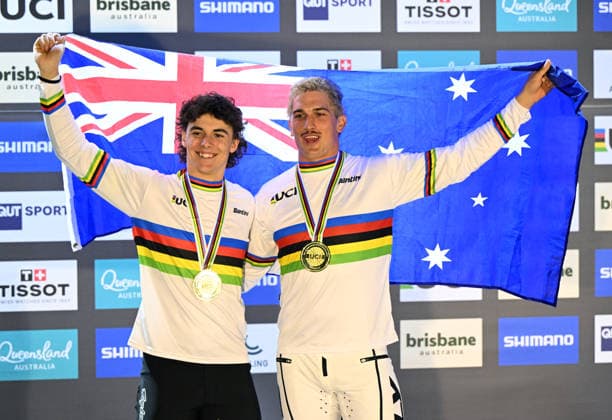 BMX WORLD CHAMPIONSHIPS, Under 23™s world champion Joshua Jolly (left) of Australia and Men™s Elite World Champion Jesse Asmus (right) of Australia celebrate winning with their gold medals during the BMX World Championships at Brisbane SX International BMX Centre in Brisbane, Sunday, July 19, 2026. ( NO ARCHIVING, EDITORIAL USE ONLY BRISBANE QUEENSLAND AUSTRALIA  Copyright: xDARRENxENGLANDx 20260719166779362379