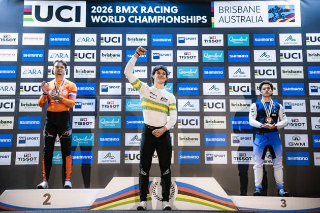 2026 UCI BMX Racing World Championships Picture by Alex Whitehead SWpix.com - 19 07 2026 - Cycling - 2026 UCI BMX Racing World Championships - Brisbane SX International BMX Centre, Brisbane, Australia - Men U23 Podium - Joshua Jolly of Australia wins Gold ahead of Netherlands Jesse de Veer and France s Clement Rochierieux Brisbane Brisbane SX International BMX Centre Australia Copyright: x xSWpix.comx(t axPhotographyxHubxLtd)xAlexxWhitehead SWpix.comx SWP-3030-15039