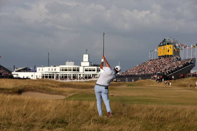 RECORD DATE NOT STATED 18th July 2026; Royal Birkdale Golf Club, Southport, Merseyside, England; The Open Championship Round Three; Jon Rahm (ESP) plays his second shot to the 18th green DavidxBlunsden