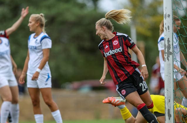 GER, Frankfurt, Eintracht Frankfurt vs SC Sand, Vorbereitung, Fussball, DFB, Spielzeit 2026 2027, Sportanlage Goldstein, Testspiel im Bild: Rebecka Blomqvist (Eintracht Frankfurt Frauen 28) erzielt das 1:0, Tor, Jubel und Freude, Emotionen DFB DFL REGULATIONS PROHIBIT ANY USE OF PHOTOGRAPHS AS IMAGE SEQUENCES AND OR QUASI-VIDEO, 19.07.2026 *** GER, Frankfurt, Eintracht Frankfurt vs. SC Sand, Preseason, Soccer, DFB, 2026–2027 Season, Goldstein Sports Complex, Friendly Match: Photo by Rebecka Blomqvist—Eintracht Frankfurt Women’s Team, No. 28, scores the 1–0 goal, Celebration and joy, emotions. DFB and DFL regulations prohibit any use of photographs as image sequences and or quasi-video. July 19, 2026 Copyright: HMBxMedia HendrikxHamelau