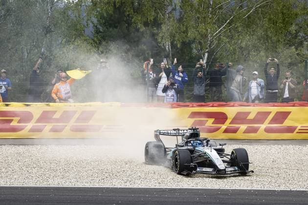 SPA - George Russell (Mercedes-AMG PETRONAS Formula One Team) ends up in the gravel trap during the Belgian Grand Prix race at the Spa-Francorchamps circuit. SEM VAN DER WAL ANP xVIxANPxSportx xxANPxIVx 563838729 originalFilename: 563838729.jpg