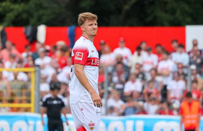 19.07.2026, Deutschland, Balingen, Fußball Bundesliga, Saison 2026 2027, Testspiel, TSG Balingen vs. VfB Stuttgart, Finn Jeltsch (VfB) *** July 19, 2026, Germany, Balingen, Bundesliga, 2026–2027 season, Friendly, TSG Balingen vs. VfB Stuttgart, Finn Jeltsch (VfB)