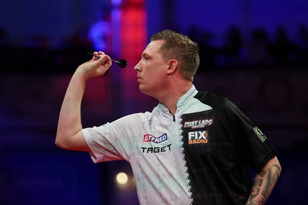RECORD DATE NOT STATED 19th July 2026, Winter Gardens, Blackpool, Lancashire, England; 2026 Betfred World Matchplay Darts, Day Two; Chris Dobey in action at the oche in his game against Dirk van Duijvenbode AidanxHunter