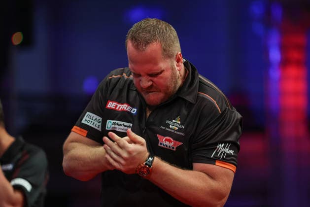 RECORD DATE NOT STATED 19th July 2026, Winter Gardens, Blackpool, Lancashire, England; 2026 Betfred World Matchplay Darts, Day Two; Dirk van Duijvenbode reacts during his game against Chris Dobey AidanxHunter