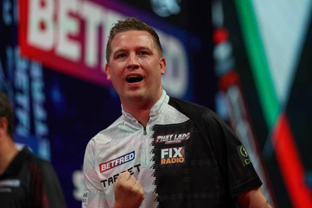 RECORD DATE NOT STATED 19th July 2026, Winter Gardens, Blackpool, Lancashire, England; 2026 Betfred World Matchplay Darts, Day Two; Chris Dobey reacts to winning a leg during his game against Dirk van Duijvenbode AidanxHunter