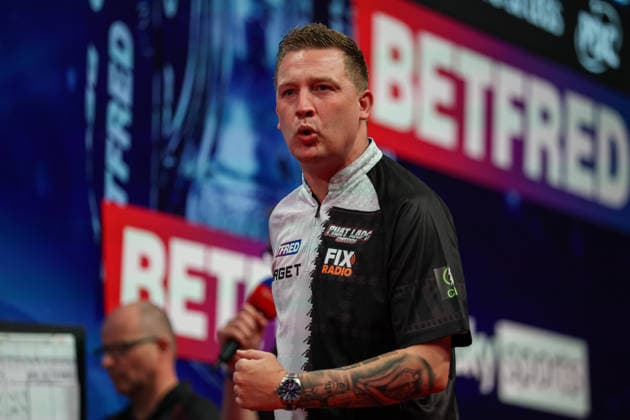 RECORD DATE NOT STATED 19th July 2026, Winter Gardens, Blackpool, Lancashire, England; 2026 Betfred World Matchplay Darts, Day Two; Chris Dobey reacts to winning a leg during his game against Dirk van Duijvenbode AidanxHunter