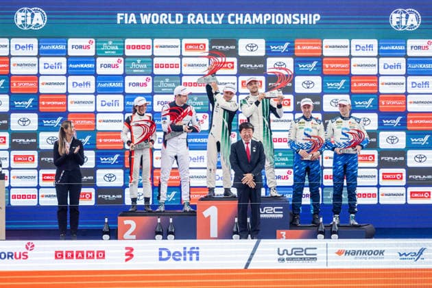 AUTO - WRC, Motorsport Rallye, WM - RALLY ESTONIA 2026 VIRVES Robert, VIILO Jakko, SKODA Fabia RS, portrait, SUNINEN Teemu, HUSSI Janni, TOYOTA GR Yaris, portrait, KORHONEN Roope, VIINIKKA Anssi, TOYOTA GR Yaris, portrait, podium, portrait during the 2026 Rally Estonia, 8th round of the 2026 WRC WORLD RALLY CAR CHAMPIONSHIP, from July 16 to 29, 2026 at Tartu, Estonia - TartuEstonia  Copyright: xNikosxKatikisx
