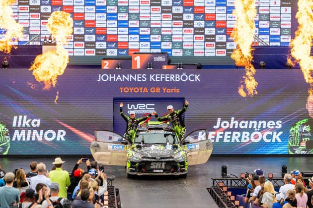 AUTO - WRC, Motorsport Rallye, WM - RALLY ESTONIA 2026 KEFERBÖCK Johannes, MINOR Ilka, TOYOTA GR Yaris, portrait, podium, portrait during the 2026 Rally Estonia, 8th round of the 2026 WRC WORLD RALLY CAR CHAMPIONSHIP, from July 16 to 29, 2026 at Tartu, Estonia - TartuEstonia  Copyright: xNikosxKatikisx