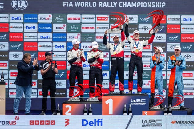 AUTO - WRC, Motorsport Rallye, WM - RALLY ESTONIA 2026 PAJARI Sami, SALMINEN Marko, TOYOTA GR Yaris Rally1, portrait, FOURMAUX Adrien, CORIA Alexandre, HYUNDAI i20 N Rally1, portrait, SOLBERG Oliver, EDMONDSON Elliott, TOYOTA GR Yaris Rally1, portrait, podium, portrait during the 2026 Rally Estonia, 8th round of the 2026 WRC WORLD RALLY CAR CHAMPIONSHIP, from July 16 to 29, 2026 at Tartu, Estonia - TartuEstonia  Copyright: xNikosxKatikisx