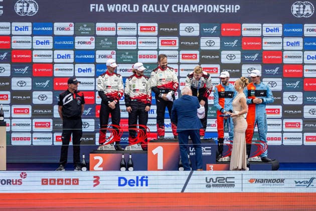 AUTO - WRC, Motorsport Rallye, WM - RALLY ESTONIA 2026 PAJARI Sami, SALMINEN Marko, TOYOTA GR Yaris Rally1, portrait, FOURMAUX Adrien, CORIA Alexandre, HYUNDAI i20 N Rally1, portrait, SOLBERG Oliver, EDMONDSON Elliott, TOYOTA GR Yaris Rally1, portrait, podium, portrait during the 2026 Rally Estonia, 8th round of the 2026 WRC WORLD RALLY CAR CHAMPIONSHIP, from July 16 to 29, 2026 at Tartu, Estonia - TartuEstonia  Copyright: xNikosxKatikisx