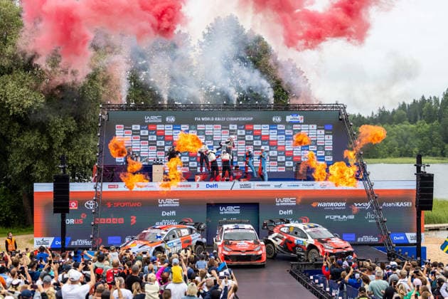 AUTO - WRC, Motorsport Rallye, WM - RALLY ESTONIA 2026 PAJARI Sami, SALMINEN Marko, TOYOTA GR Yaris Rally1, portrait, FOURMAUX Adrien, CORIA Alexandre, HYUNDAI i20 N Rally1, portrait, SOLBERG Oliver, EDMONDSON Elliott, TOYOTA GR Yaris Rally1, portrait, podium, portrait during the 2026 Rally Estonia, 8th round of the 2026 WRC WORLD RALLY CAR CHAMPIONSHIP, from July 16 to 29, 2026 at Tartu, Estonia - TartuEstonia  Copyright: xNikosxKatikisx