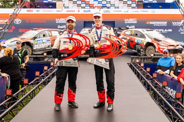 AUTO - WRC, Motorsport Rallye, WM - RALLY ESTONIA 2026 PAJARI Sami, SALMINEN Marko, TOYOTA GR Yaris Rally1, portrait, podium, portrait during the 2026 Rally Estonia, 8th round of the 2026 WRC WORLD RALLY CAR CHAMPIONSHIP, from July 16 to 29, 2026 at Tartu, Estonia - TartuEstonia  Copyright: xNikosxKatikisx