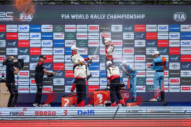AUTO - WRC, Motorsport Rallye, WM - RALLY ESTONIA 2026 PAJARI Sami, SALMINEN Marko, TOYOTA GR Yaris Rally1, portrait, FOURMAUX Adrien, CORIA Alexandre, HYUNDAI i20 N Rally1, portrait, SOLBERG Oliver, EDMONDSON Elliott, TOYOTA GR Yaris Rally1, portrait, podium, portrait during the 2026 Rally Estonia, 8th round of the 2026 WRC WORLD RALLY CAR CHAMPIONSHIP, from July 16 to 29, 2026 at Tartu, Estonia - TartuEstonia  Copyright: xNikosxKatikisx