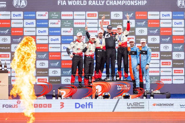 AUTO - WRC, Motorsport Rallye, WM - RALLY ESTONIA 2026 PAJARI Sami, SALMINEN Marko, TOYOTA GR Yaris Rally1, portrait, FOURMAUX Adrien, CORIA Alexandre, HYUNDAI i20 N Rally1, portrait, SOLBERG Oliver, EDMONDSON Elliott, TOYOTA GR Yaris Rally1, portrait, podium, portrait during the 2026 Rally Estonia, 8th round of the 2026 WRC WORLD RALLY CAR CHAMPIONSHIP, from July 16 to 29, 2026 at Tartu, Estonia - TartuEstonia  Copyright: xNikosxKatikisx