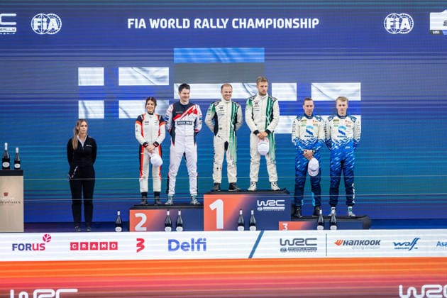 AUTO - WRC, Motorsport Rallye, WM - RALLY ESTONIA 2026 VIRVES Robert, VIILO Jakko, SKODA Fabia RS, portrait, SUNINEN Teemu, HUSSI Janni, TOYOTA GR Yaris, portrait, KORHONEN Roope, VIINIKKA Anssi, TOYOTA GR Yaris, portrait, podium, portrait during the 2026 Rally Estonia, 8th round of the 2026 WRC WORLD RALLY CAR CHAMPIONSHIP, from July 16 to 29, 2026 at Tartu, Estonia - TartuEstonia  Copyright: xNikosxKatikisx