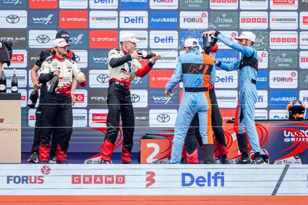 AUTO - WRC, Motorsport Rallye, WM - RALLY ESTONIA 2026 PAJARI Sami, SALMINEN Marko, TOYOTA GR Yaris Rally1, portrait, FOURMAUX Adrien, CORIA Alexandre, HYUNDAI i20 N Rally1, portrait, SOLBERG Oliver, EDMONDSON Elliott, TOYOTA GR Yaris Rally1, portrait, podium, portrait during the 2026 Rally Estonia, 8th round of the 2026 WRC WORLD RALLY CAR CHAMPIONSHIP, from July 16 to 29, 2026 at Tartu, Estonia - TartuEstonia  Copyright: xNikosxKatikisx