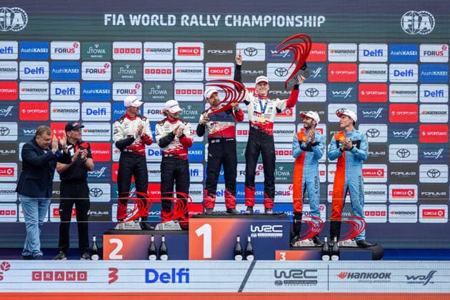 AUTO - WRC, Motorsport Rallye, WM - RALLY ESTONIA 2026 PAJARI Sami, SALMINEN Marko, TOYOTA GR Yaris Rally1, portrait, FOURMAUX Adrien, CORIA Alexandre, HYUNDAI i20 N Rally1, portrait, SOLBERG Oliver, EDMONDSON Elliott, TOYOTA GR Yaris Rally1, portrait, podium, portrait during the 2026 Rally Estonia, 8th round of the 2026 WRC WORLD RALLY CAR CHAMPIONSHIP, from July 16 to 29, 2026 at Tartu, Estonia - TartuEstonia  Copyright: xNikosxKatikisx