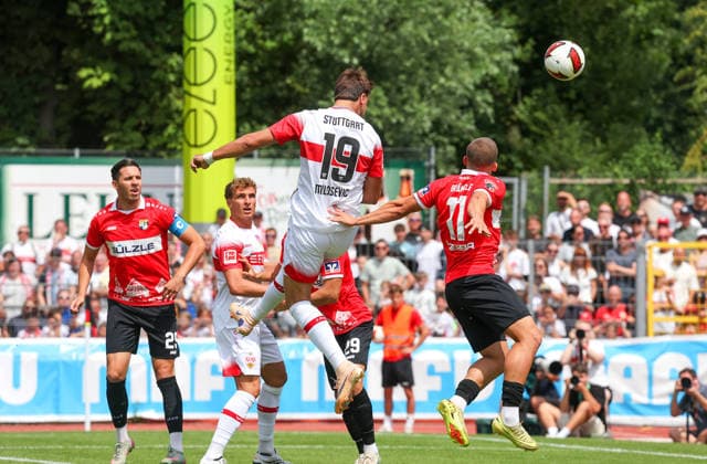 19.07.2026, Deutschland, Balingen, Fußball Bundesliga, Saison 2026 2027, Testspiel, TSG Balingen vs. VfB Stuttgart, 0:1 Tor, Torschütze Jovan Milosevic (VfB) *** July 19, 2026, Germany, Balingen, Bundesliga, 2026–2027 season, Friendly, TSG Balingen vs. VfB Stuttgart, 0–1, Goal scorer: Jovan Milosevic (VfB)