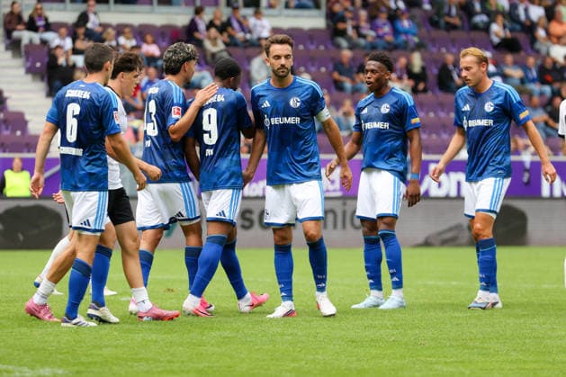 19.07.2026, xtgx, Fussball - Testspiel Erzgebirge Aue - FC Schalke 04 v.l. Moussa Sylla (Schalke, 9) Jubel, Torjubel, jubelt ueber das Tor, celebrate the goal, celebration (DFL DFB REGULATIONS PROHIBIT ANY USE OF PHOTOGRAPHS as IMAGE SEQUENCES and or QUASI-VIDEO) Aue *** July 19, 2026, xtgx, Soccer Friendly: Erzgebirge Aue vs. FC Schalke 04, featuring Moussa Sylla of Schalke, 9 celebrations, Goal celebration, celebrating the goal, DFL and DFB regulations prohibit any use of photographs as image sequences and or quasi-video. Aue