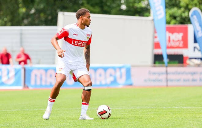 19.07.2026, Deutschland, Balingen, Fußball Bundesliga, Saison 2026 2027, Testspiel, TSG Balingen vs. VfB Stuttgart, Nikolas Nartey (VfB) *** July 19, 2026, Germany, Balingen, Bundesliga, 2026–2027 season, Friendly match, TSG Balingen vs. VfB Stuttgart, Nikolas Nartey (VfB)